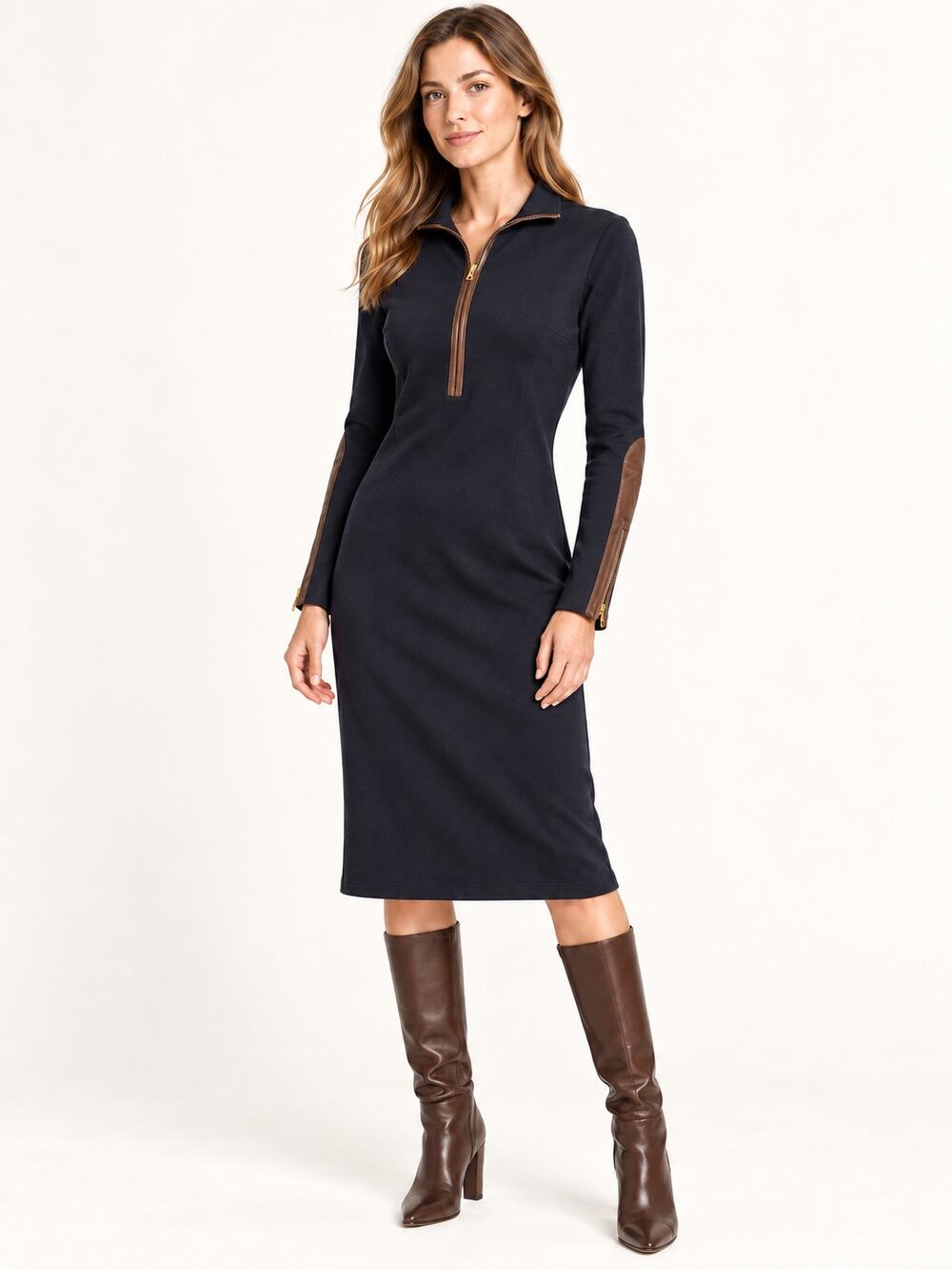 Lauren Ralph LaurenNavy Midi Dress Brown Leather Trim Quarter Zip Size 4